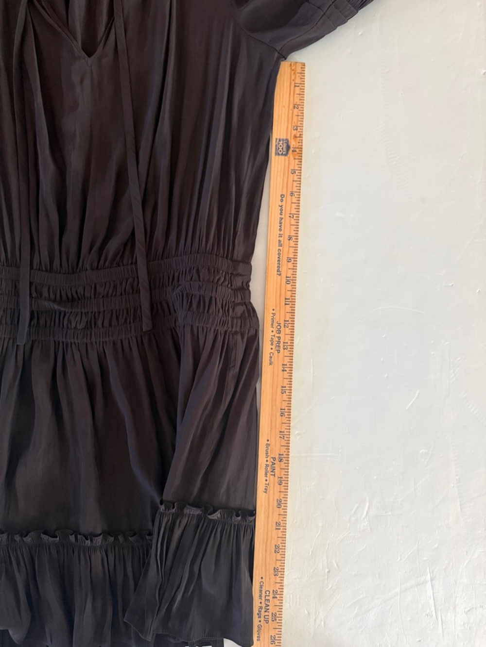 RAMY BROOK Black Dress Sz L Drop Waist Ruffle Hem Tie Neck Modern Elegance - Picture 9 of 16